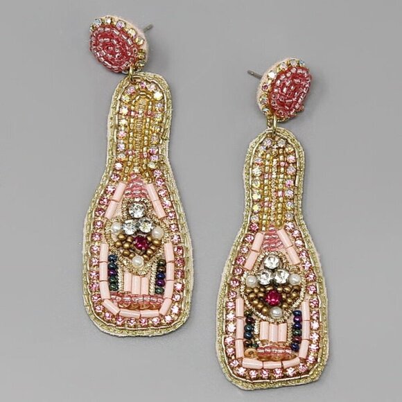 Champagne Glass Pink Beaded Bottle Earrings - Picture 1 of 1